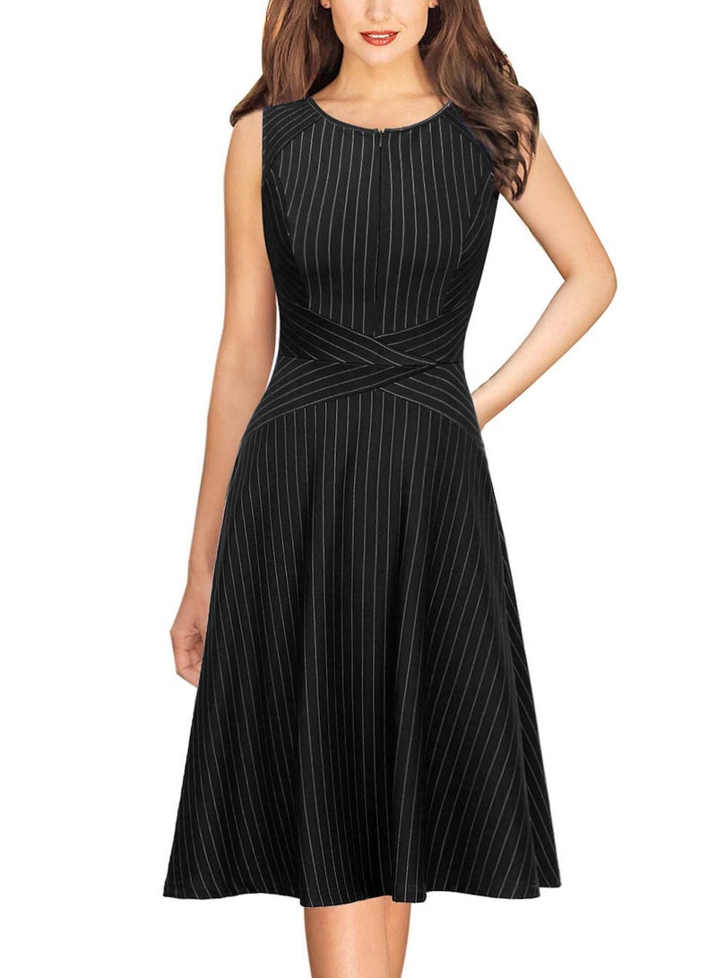 VFSHOW Womens Black and White Striped Print Elegant Slim Zipper up Pockets Work Business Office Party Skater A-Line Dress 2350 BLK M - Image 2